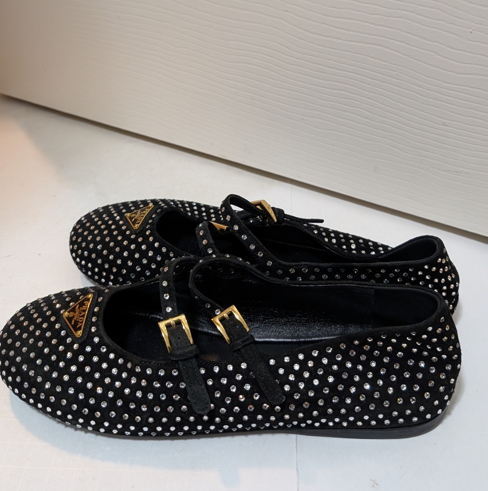 Prada Black Suede Ballerina Flats Dual Mary Jane Crystals Size 36.5 Logo NWOB - Picture 4 of 8